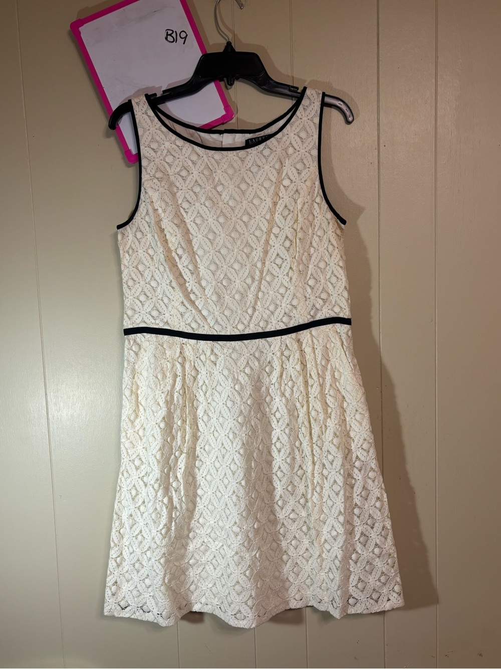 Ralph Lauren Cream Lace Fit-and-Flare Dress with Black Trim